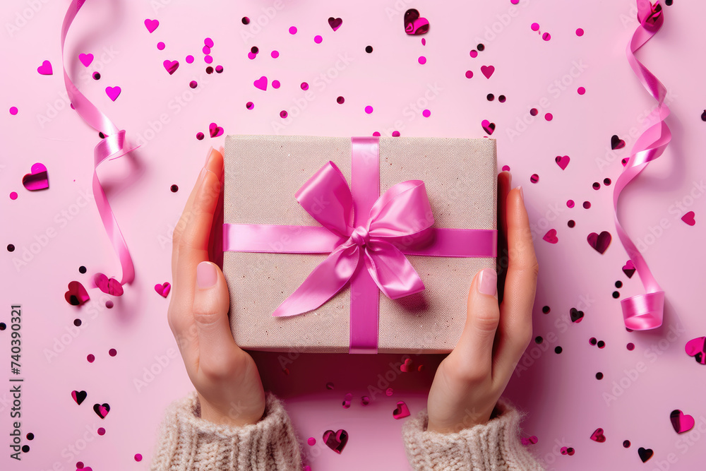 A festive scene with female hands holding a gift box adorned with a satin magenta ribbon. The background features vibrant pink tones, confetti, and hearts, creating a joyful atmosphere. A festive scene with female hands holding a gift box adorned with a satin magenta ribbon. The background features vibrant pink tones, confetti, and hearts, creating a joyful atmosphere.