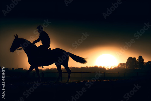 Horse racing at night. Silhouette of thoroughbred and jockey 