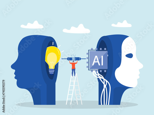 businessman connect plug with lightbulb idea to AI Artificial Intelligence. or processing chip into human brain with Light bulb  development  innovation concept vector