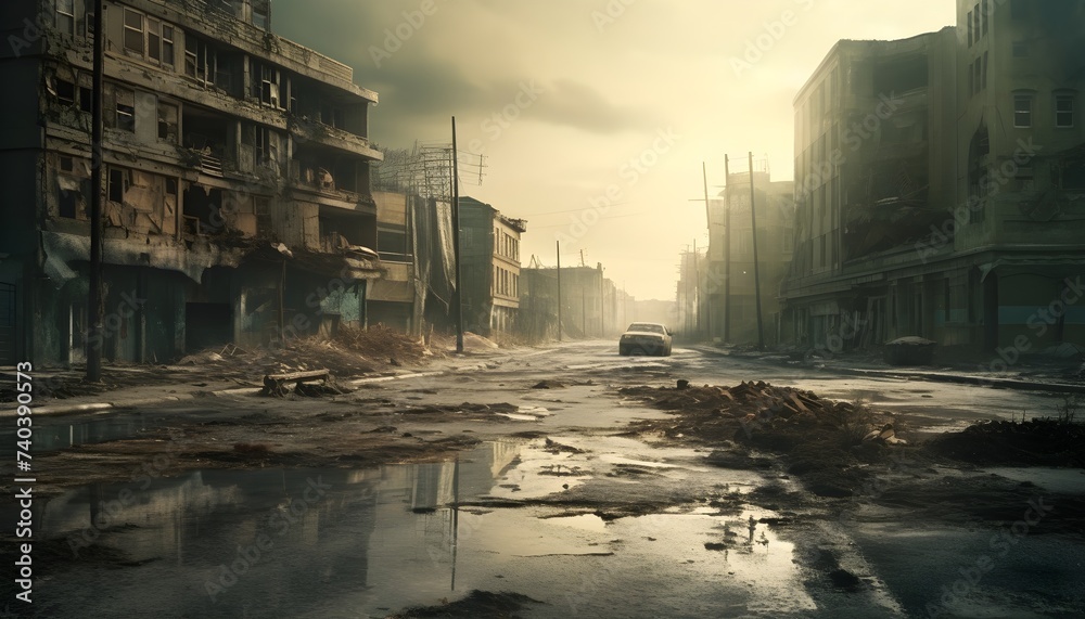 Post apocalyptic city background. Destroyed buildings, cracked road