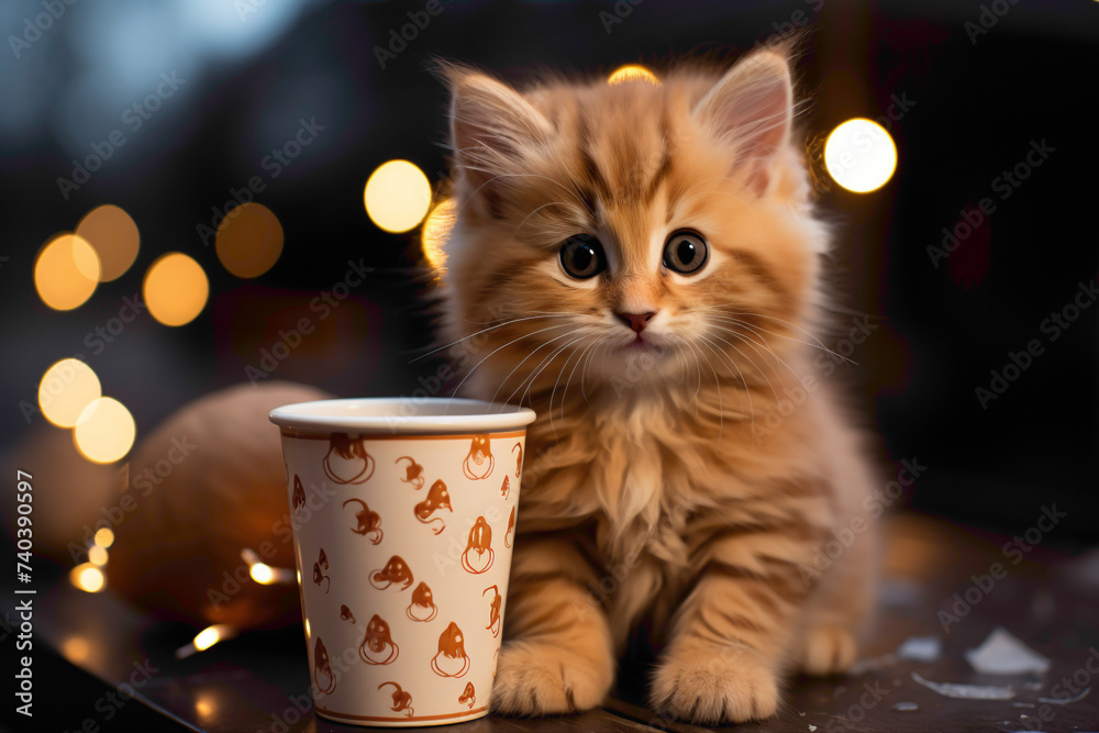 An adorable paper cup with a cute kitten print, filled with hot cocoa on a winter-themed table