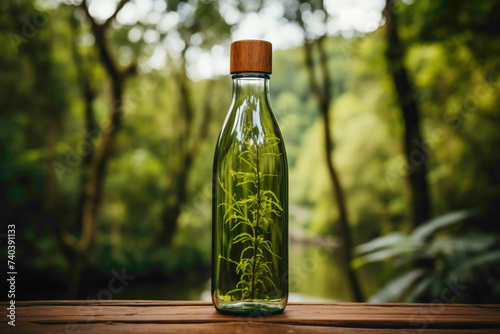 An eco-friendly biodegradable water bottle placed on a wooden surface