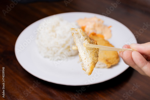 Rice with chicken katsu in white plate on wooden table. After some edits.