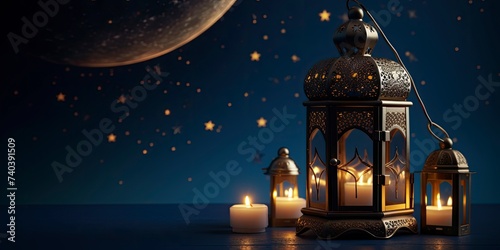 Decorative Arabic Lantern with Burning Candles at Night  background of crescent moon and clouds  sky full of stars  empty space for text - generative ai