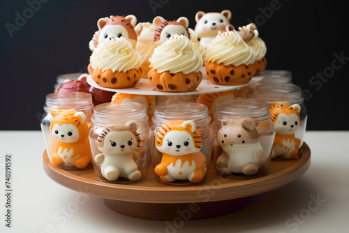 An endearing disposable cupcake stand with adorable animal characters on a dessert buffet