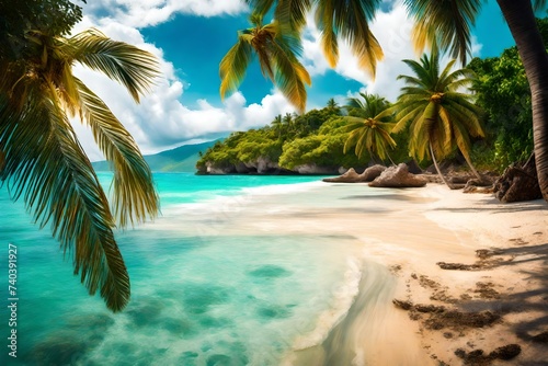 Beautiful beach with palms and turquoise sea in Jamaica island.