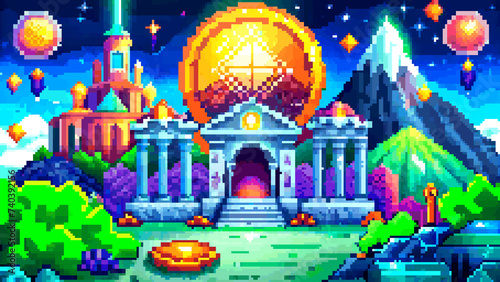 Pixel art illustration that captures the essence of the cryptocurrency world, traditional finance with digital assets, a modern financial kingdom powered by blockchain. Generative ai