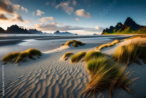 Sand dunes on the Stokksnes on southeastern Icelandic coast with Vestrahorn (Batman Mountain