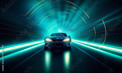 car of the future rides on the road in the tunnel, eco clean environment without harmful waste, neon light at night in the tunnel. illustration, Generative AI  © The Picture Show