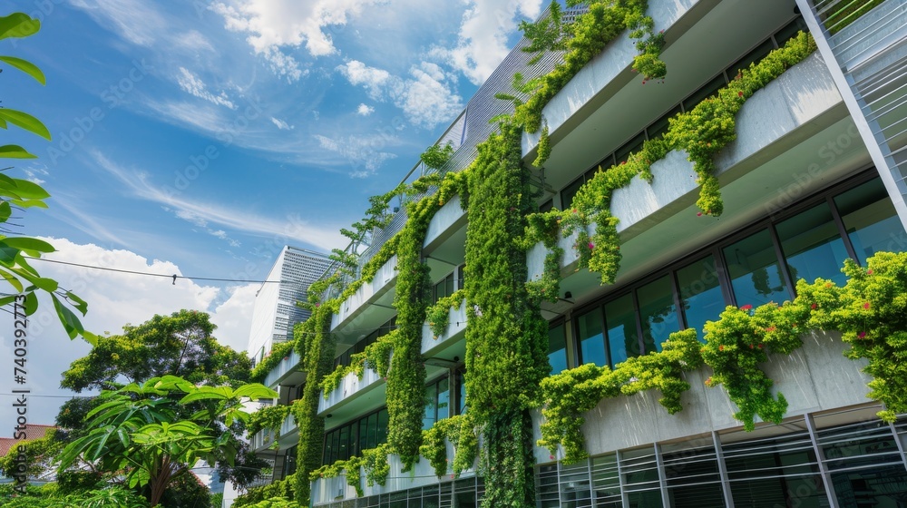 A modern building adorned with lush vertical gardens under a clear blue sky, showcasing eco-architecture and green urban planning.