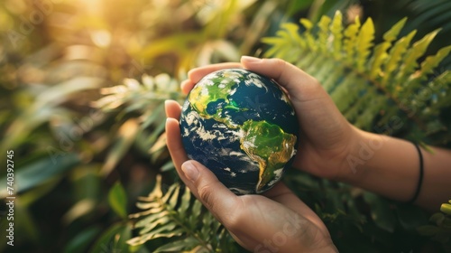 A close-up of a hand gently cradling a small, detailed Earth globe with a backdrop of vibrant green leaves, symbolizing care for the environment.