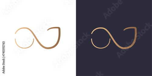 Letter A and J logo monogram, glasses, minimal style identity initial logo mark. Golden gradient vector emblem logotype for business cards initials infinite symbol.