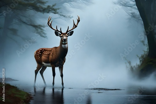 Deer nature wildlife animal walking proud out of the mist. © Maryam