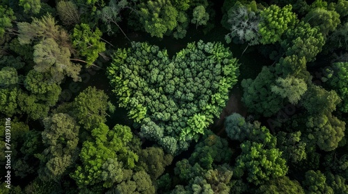 Aerial view of a dense, heart-shaped forest canopy, symbolizing love for the environment and natural beauty.