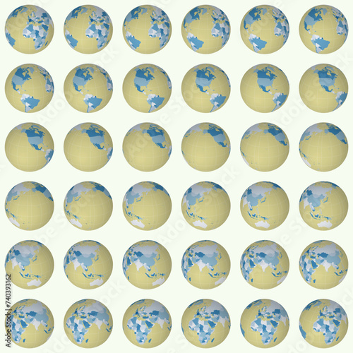 Collection of planet globes. Slanted sphere view. Rotation step 10 degrees. Colored countries style. World map with graticule lines on light background. Delicate vector illustration.