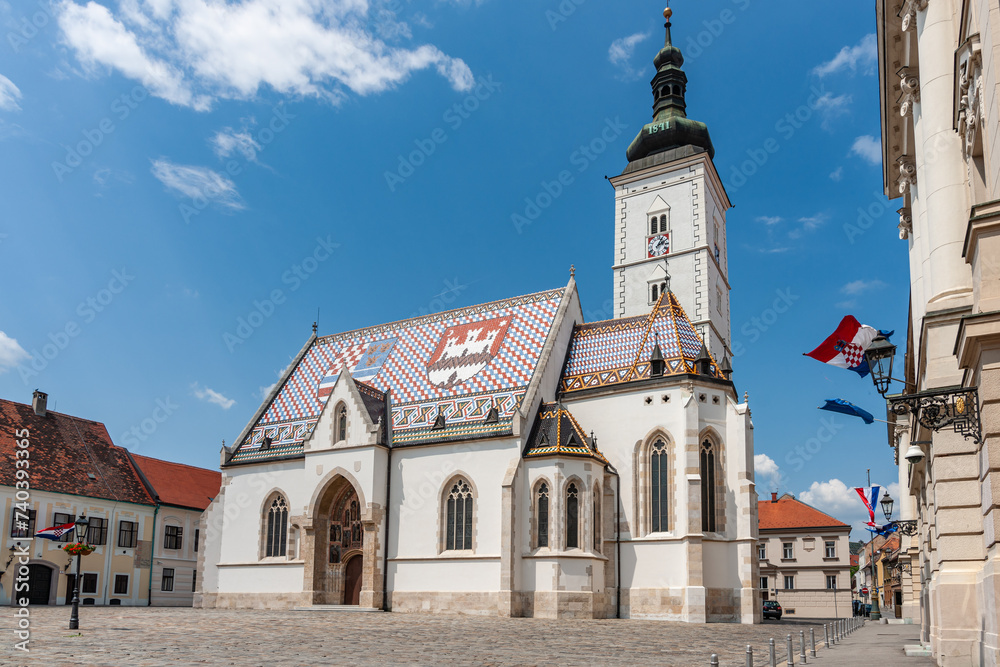 St Mark's cathedral with ornate tiled roof with two Croatian coats of arms Croatia