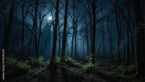 Mysterious charm of a woodland at night with moonlight filtering through the branches and casting ethereal shadows