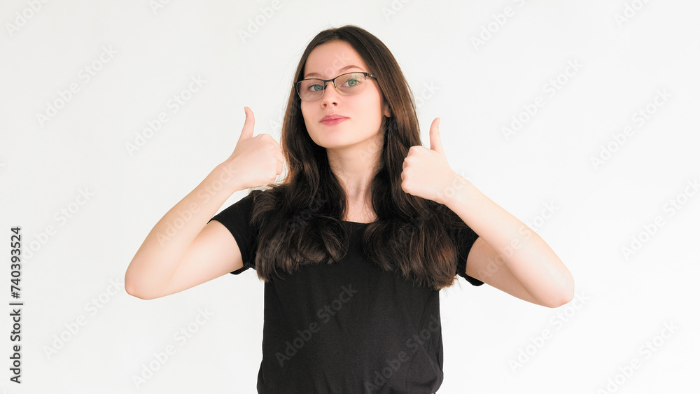 Like gesture approval yes satisfied woman thumb up Like gesture approval yes satisfied woman thumb up