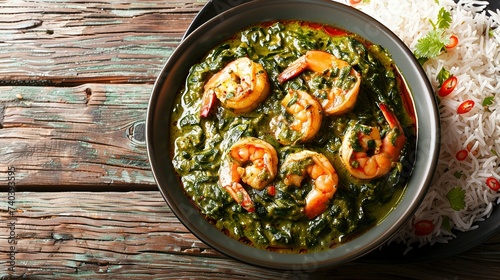 Spinach Shrimp Curry or Jheenga Palak cooked in a spinach, cream, spices, tomato and ginger served with rice closeup on the plate on the table. Horizontal top view from above