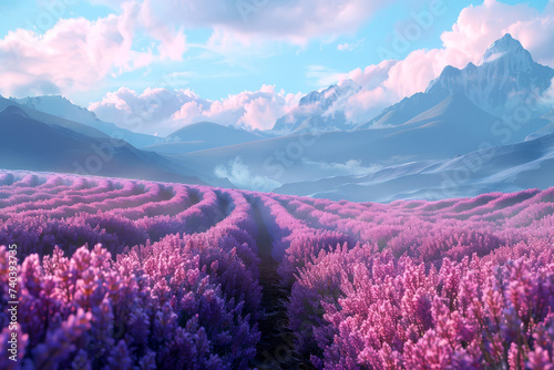 a lavender field with beautiful twilight sky .generative ai