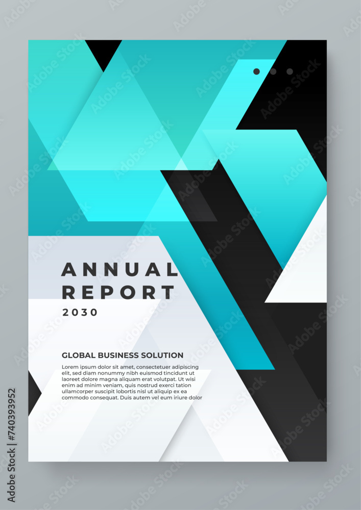 Blue black and white vector business annual report template with geometrical shapes. Brochure flyer poster business template