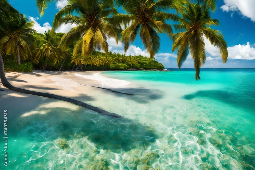 Beautiful beach with palms and turquoise sea in Jamaica island