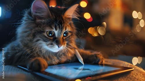 Stylish Cat Using iPad in Festive Atmosphere