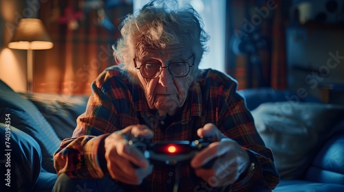 Elderly woman Enjoying Video Games in Luminous Portraits Style photo