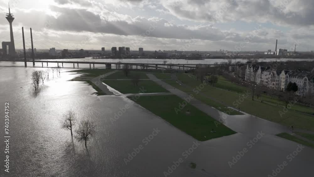 Drone view of Rhein River, Dusseldorf, Germany Drone view of Rhein River, Dusseldorf, Germany