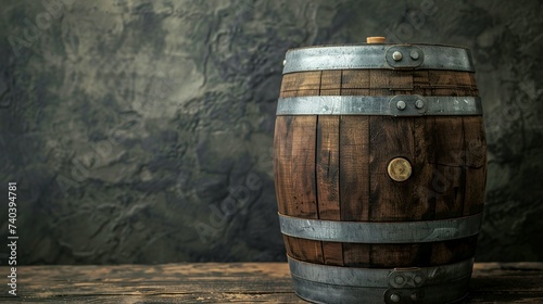 Vintage wooden barrel with metal bands on a dark background
