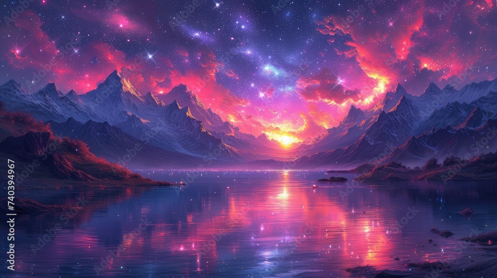 cosmic glow on mountain lake - obrazy, fototapety, plakaty 