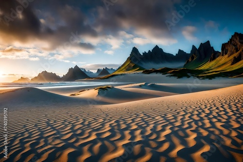 Sand dunes on the Stokksnes on southeastern Icelandic coast with Vestrahorn