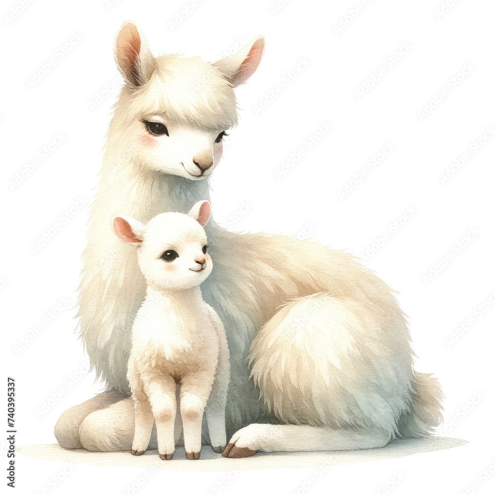 Fototapeta premium Watercolor cute Mother And Baby animal Clipart Illustration. kids nursery room portraits of mother animal with baby animal. mother's day clipart.