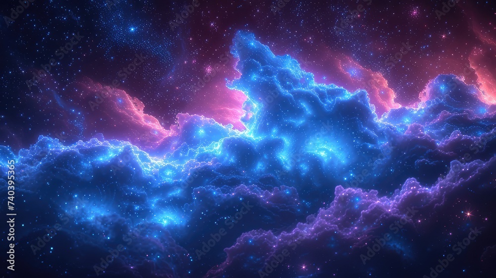 dramatic space scene with intense blue and purple nebulae and a starry expanse