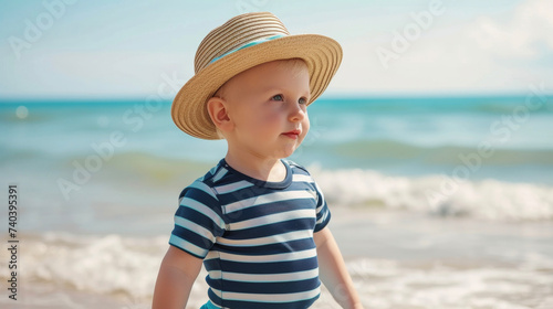 Keep your little one looking cool and stylish with this summery beach outfit featuring a classic straw hat a navy blue and white striped rash guard and light blue swim shorts. © Justlight