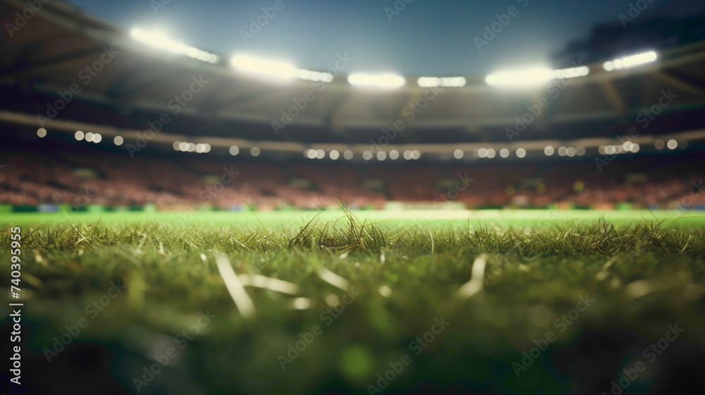 A close-up shot of a 3D-rendered cricket pitch, with a focus on the well-textured wickets standing tall under the vibrant stadium lights.  - obrazy, fototapety, plakaty 