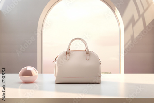 A 3D mockup capturing the essence of luxury, featuring a single purse in a minimalist setting with soft natural lighting to accentuate its sophistication.