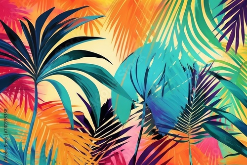 Palm leaves floral watercolour vivid abstract background in a modern style. Botanical design, bright colours. Generative AI 