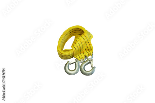 Close-up of yellow nylon cable with white steel hook used for lifting heavy objects or towing, isolated on transparent background png file.