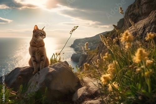 A cat standing on a cliff, sun, grass, flowers photo
