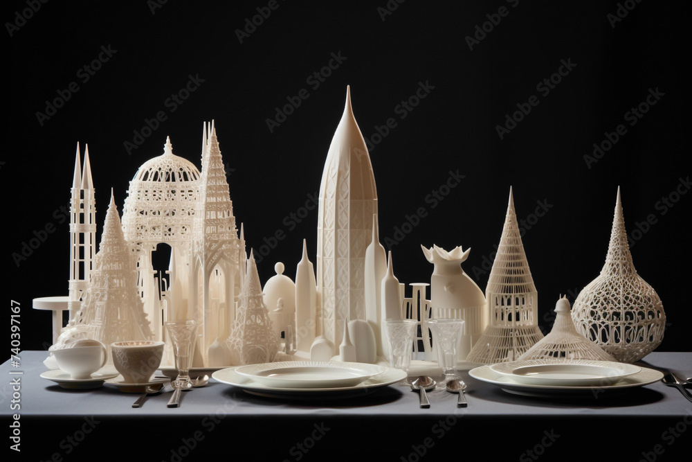 A collection of 3D-printed sculptures, each intricately designed, showcased on a minimalist table setting