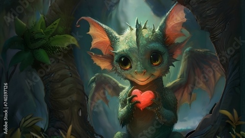 Charming dragon with heart  whimsical art  Playful  storybook style. Friendship  caring  whimsical creature concept. Great for animation  story illustration  fantasy gaming