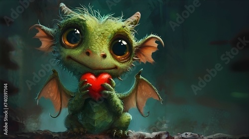 Adorable dragon with heart in mystical woods" Cute, fantasy style. Friendship, love, magical creature concept. Perfect for kids' fantasy art, game asset, storybook. © Lolik