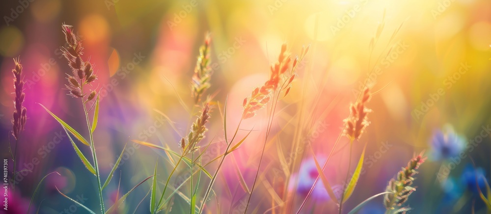 Beautiful sunlit field of grass under the bright sunlight