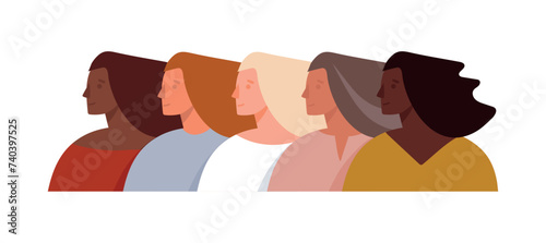 Profiles of women of different nationalities and ages, international women s day, sisterhood, feminism, the fight for women s rights. Flat vector illustration.