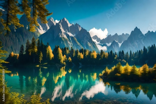 Impressive morning view of Fusine lake. Attractive summer scene of Julian Alps with Mangart peak on background, Province of Udine, Italy, Europe. Traveling concept background