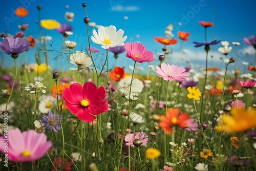 Colourful wild flowers on a spring meadow, Generative AI 