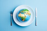 Globe on a plate for food on a blue background. Power, economy, politics, globalism, hunger, poverty and world food concept, Generative AI 