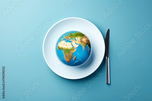 Globe on a plate for food on a blue background. Power, economy, politics, globalism, hunger, poverty and world food concept, Generative AI  photo