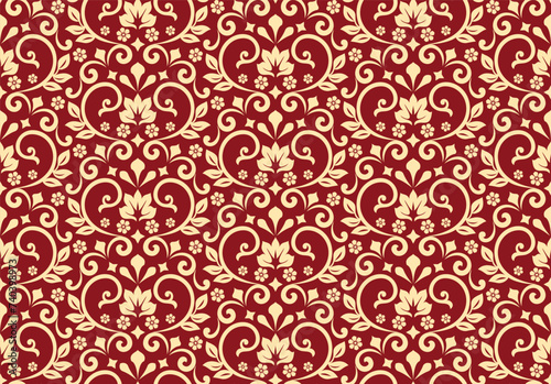 Floral pattern. Vintage wallpaper in the Baroque style. Seamless vector background. Gold and red ornament for fabric, wallpaper, packaging. Ornate Damask flower ornament